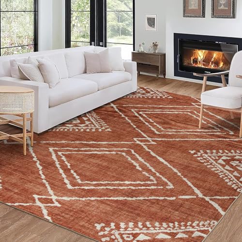 ReaLife Rugs Machine Washable Area Rug - Living Room Bedroom Bathroom Kitchen Entryway Office - Padded Crease Free Stain Resistant Premium - Moroccan Tribal Diamond - Jax- Orange - 2'x 3'