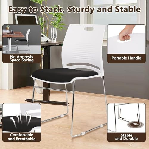 Image of CLATINA Stacking Home Office Guest Chair, Reception Stackable Chairs with Metal Sled Base, Conference Lobby Waiting Training School Kitchen Banquet Chair, Plastic Desk Chairs No Wheels, White, 4 Pack
