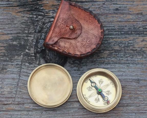Brújula de latón antigua con estuche de cuero - regalo coleccionable náutico vintage miniatura 6