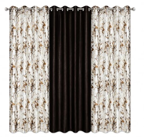 Image of 5 Feet Polyester Floral Light Filtering Window Curtains for Living Room, Bedroom & Kitchen, Eyelet Top, Coffee Printed and Solid Plain Curtain Set of 3