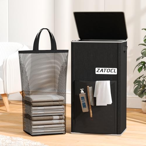 110L Laundry Hamper with Lid with Washing Bag & Front Mesh Bag, Large & Tall Laundry Basket...