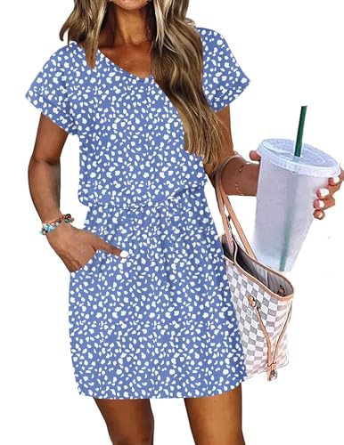 Image of AUSELILY Womens Summer Mini Dress, Short Sleeve V Neck Drawstring Casual | Tshirt dress with drawstring waist and pockets. Ideal sundress for daily outing, beach and vacation