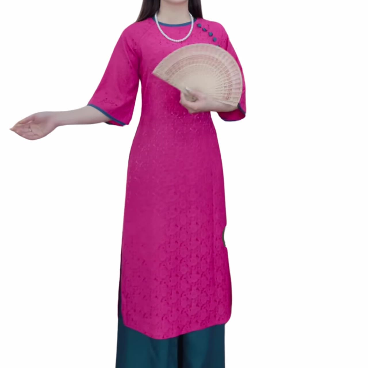 Vietnamese Traditional Ao Dai, Round Neck, Thai Tuan Brocade Material, Ao Dai Set Includes Ao Dai and Pants