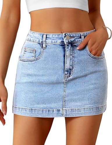 Denim Skirt Women Casual Denim Mini Skirt High Waisted Denim Skort Slim Fit Jean Skirt Summer Jean Skort with Pocket Light Blue US S
