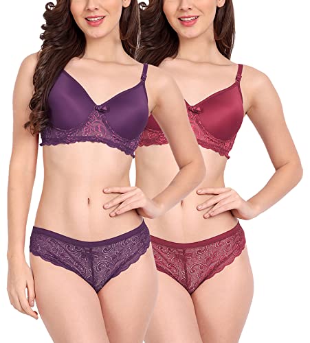 Image of FIMS - Fashion is my style Women Cotton Floral Lace Padded, Non-Wired, Full Coverage, Seamless Bra Panty Set, Multicolor, Lingerie Set