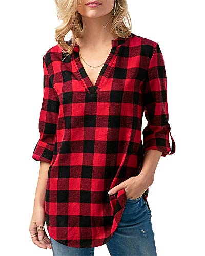 Kyerivs Women's Buffalo Check Plaid Shirts V Neck Roll Up/Long Sleeve Casual Blouse Tops Black Red L