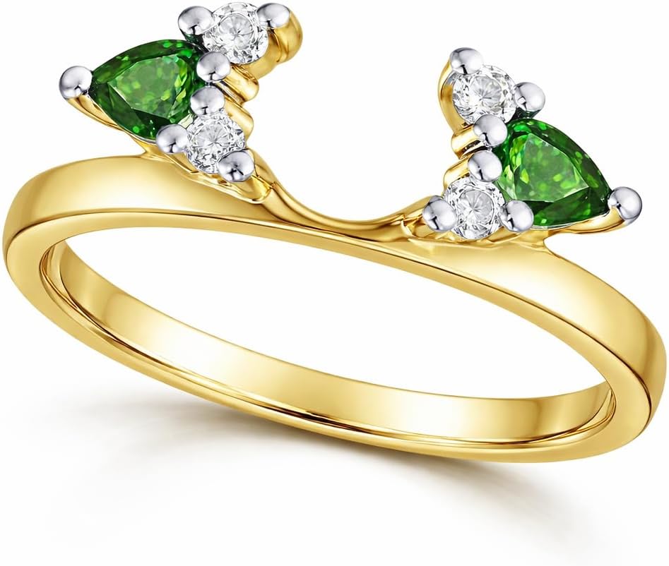 Pear & Round Cut Green Emerald & Diamond in 925 Sterling Silver 14K Yellow Gold Over Diamond Enhancer Wrap Guard Ring for Women's