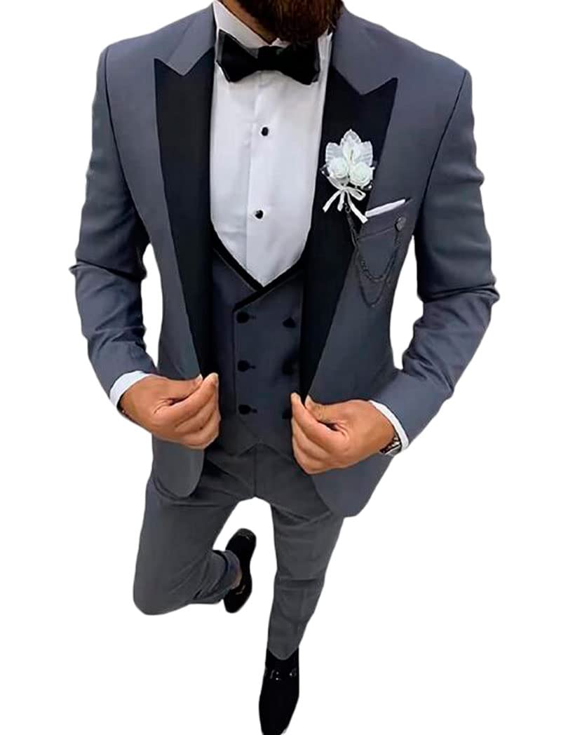 Botong Men's Grey 3 Pc Notch Lapel Wedding Suits Single Breasted Groom Tuxedos Business Suit Casual Wear Jacket Pants Vest Suit Set 48 Chest / 42 Waist