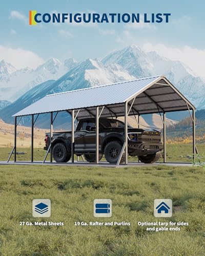 Image of GarveeLife 13x26 ft Metal Carport with Vertical Roof, Heavy-Duty Metal Car Port 120 Steep-Pitch Roof, 133 inch High-Clearance for Full-Sized Pickups, Tractors, and Bass Boats