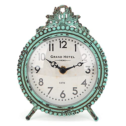 NIKKY HOME Antique Table Clock Silent Non-Ticking, Small Shelf Desk Top Clock Battery Operated Rustic Distressed Design, Shabby Chic Home Decor for Fireplace Mantel, Desktop, Countertop- Green