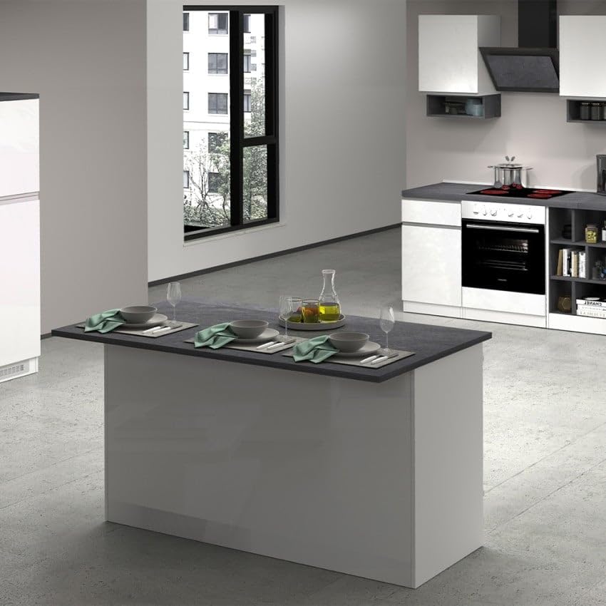 Isola centrale 3 ante per cucina moderna 155x90x90cm con tavolo Deaton - Bianco - Grigio