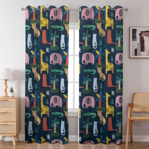 Image of BFAM Kids Blackout Curtains 12 feet Set of 1 - 100% Room Darkening, Thermal Insulated, Noise Reducing, Cute Animal & Rainbow Prints, Eyelet Curtains for Playroom, Bedroom & Nursery
