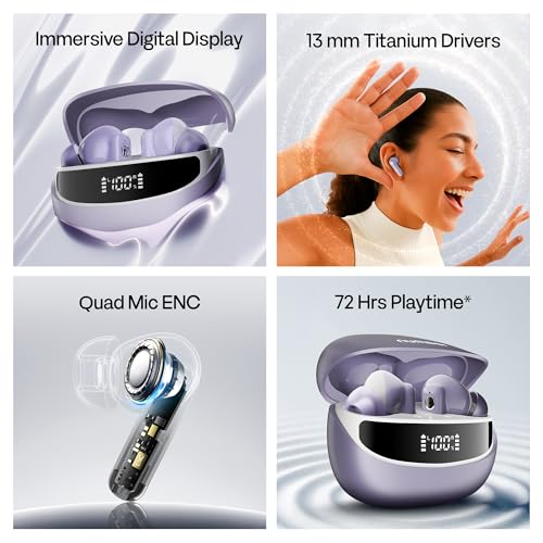 Image of Number Navo Buds Z1 TWS Earbuds | 72H Playtime | Digital Display Case | Quad-Mic ENC | Dual Pairing | Hi-Bass 13mm Drivers | Quick Charge | 35ms Low Latency | IPX5 | Touch Controls | (Dusk Violet)