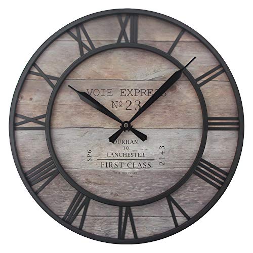 Timelike Large Roman Wall Clock, Rustic Vintage Metal Wall Clock Oversized Big Wall Clock Home Living Room Art Wall Decor (Black-Wood, 16 Inch)