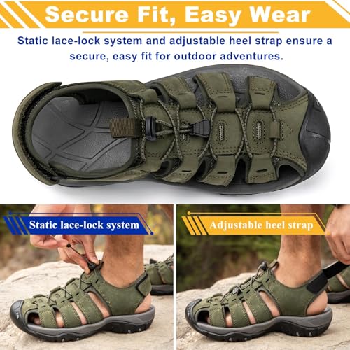 Mens Hiking Sandals Closed Toe Walking Sport Leather Comfortable Waterproof Summer Outdoor Beach Athletic Trail River Fishing Fisherman Military-Green3