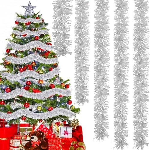 QXNDXQ 6 Stück Weihnachten Lametta Girlande Tinsel Girlande Metallisch Glänzend Lametta Twist Festliches Weihnachten Lamettaa für Weihnachtsbaum Weihnachtsfeier Geburtstagsparty (Silber)