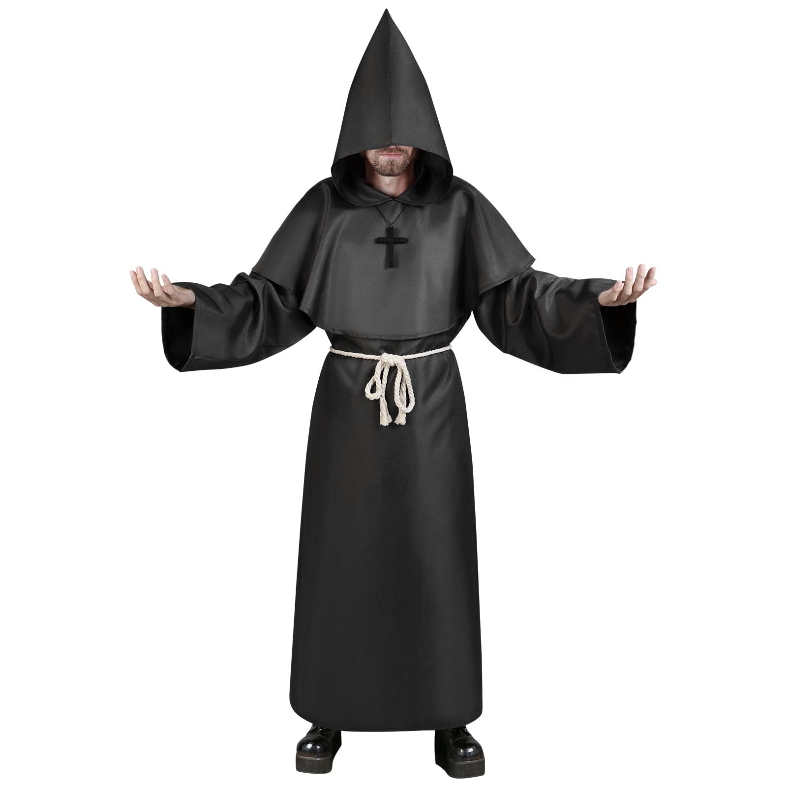 Aomig Monk Costume, 4 Pcs Medieval Friar Hooded Monk Cape Renaissance Wizard for Adult Women Men, Pastor Outfit Priest Robe Costume Halloween Fancy Dress Christmas Party Cosplay Costume (2XL, Black)