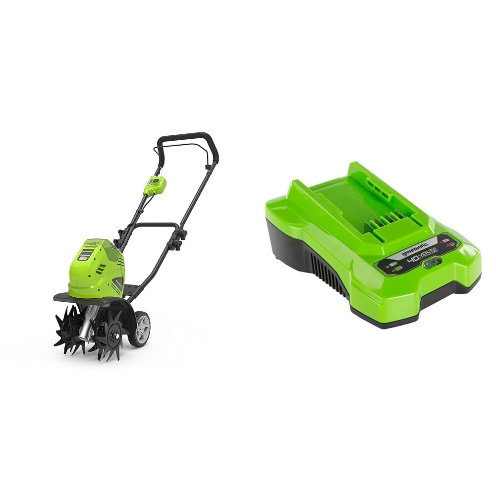 Greenworks Motozappa a batteria G40TL, Li-Ion 40V con 4 lame appositamente temprate profondità di lavoro 20 cm & Caricabatteria rapido G40C
