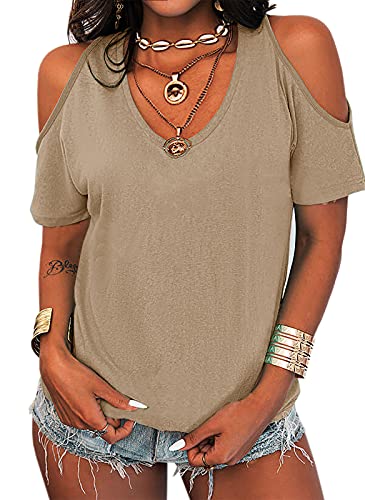 Eurivicy Womens Summer Cold Shoulder T-Shirt Casual Short Sleeve V Neck Tee Top Khaki