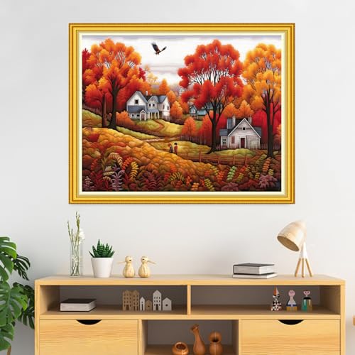 Image of DMCVIVR Stamped Cross Stitch Kits for Beginners Adults Needlepoint Kits for Beginners Embroidery Kits for Adults Crossstitch Kit for Beginners 11CT-Harvest in Late Autumn 16x20 inch