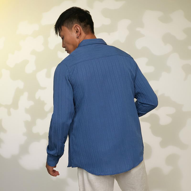 Image of CAHOOT Men's Veined-Textured Shirt | Casual Wear | Spread Collar | Long Sleeve | Button Closure | Shirt Crafted with Comfort Fit for Everyday Wear