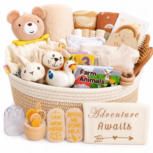 Image of Ultimate Gender-Neutral Baby Gift Basket, Neutral Beige Newborn Essentials, Premium All-in-One Unisex Baby Shower & Gender Reveal Gift Set for Boys & Girls with Swaddle Diaper Caddy Organizer