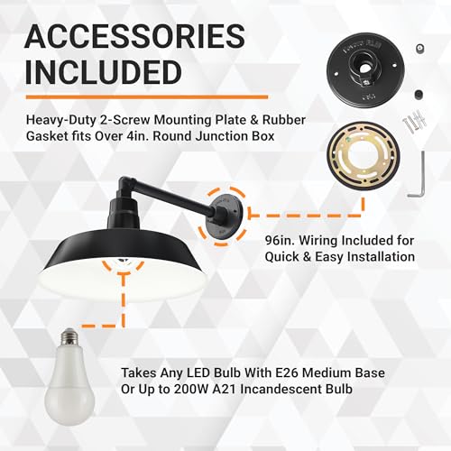 Image of 14in. Satin Black Outdoor Gooseneck Barn Light Fixture with 13in. Long Extension Arm - Wall Sconce Farmhouse, Vintage, Antique Style - UL Listed - 9W 900lm A19 LED Bulb (5000K Cool White)