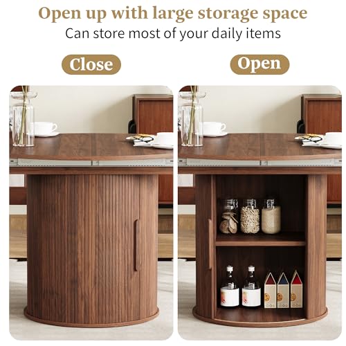 Image of weselon 43 inch-59 inch Extendable Round to Oval Dining Table with Hidden Storage, Modern Wooden Kitchen Table with Fluted Sliding Door Cabinet, Expandable Dinner Table for Dining Room Living Room (Walnut)
