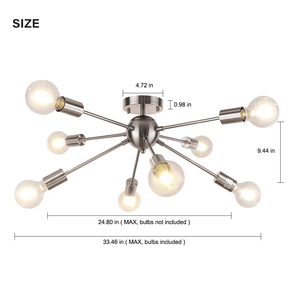 LynPon Modern Sputnik Plafoniera 8-Luce Nichel Lampada Argento Lampadario Camera da Letto Cromo illuminazione per soggiorno Cucina Bar Ristorante