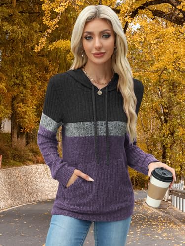 MixShe Women’s Color Block Knit Hoodie – Casual Long Sleeve Pullover Sweater Tops with Pocket