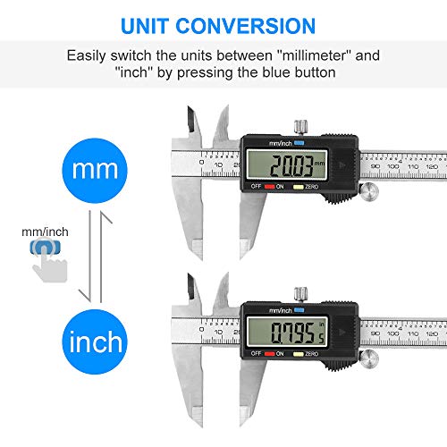 Digital Caliper 6 inch Vernier Caliper Digital Measuring Tool Stainless Steel Caliper Tool Inch/Metric Conversion Large LCD Screen Auto-off Feature
