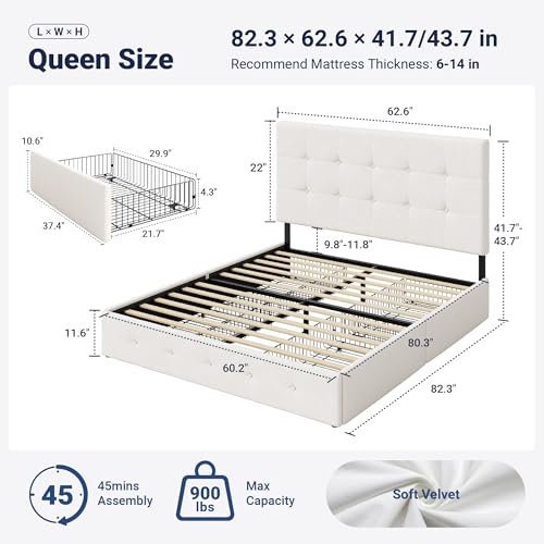 Image of Allewie Upholstered Queen Size Platform Bed Frame with 4 Storage Drawers and Adjustable Headboard, Square Button Tufted, Wooden Slats Support, Noise-Free, No Box Spring Needed, Easy Assembly, White