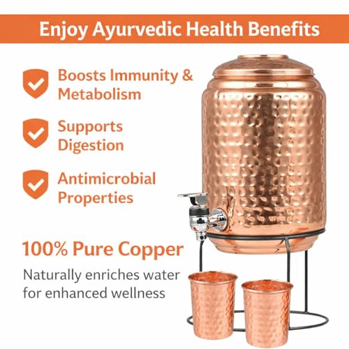 Image of Pure Copper Hammered Water Dispenser 5 Litre | Ayurvedic Water Storage Pot with Tap & 2 Copper Glasses | Rustic Finish | Rustproof & Durable | for Home & Kitchen