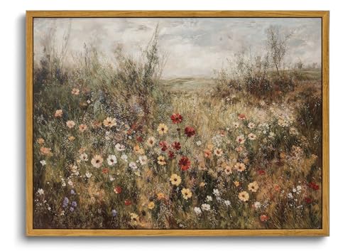 OIQArtOIQ Vintage Wildflowers Landscape Wall Art Framed Floral Natural Scenery Oil Painting Canvas Prints Country Farmhouse Fall Decor Pictures Kitchen Bedroom Living Room Bathroom