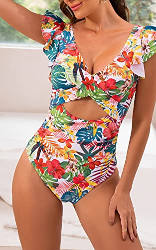 Image of B2prity One Piece Swimsuits for Women Ruffle Sleeve V Neck Bathing Suit Tummy Control Cutout Monokini Slimming Swimwear