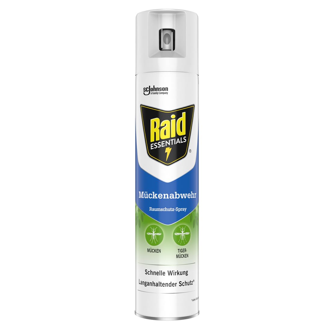 Raid Essentials Mückenschutz Raumschutz-Spray, natürlicher Schutz mit pflanzlichen Wirkstoffen, geruchsneutral, bis zu 4 Stunden wirksam, 300 ml Sprayflasche