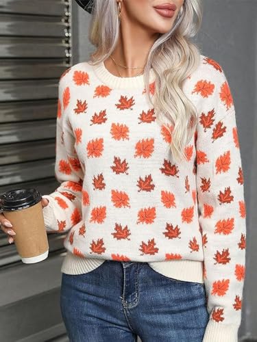 Chvity Women's Fall Leaf Trendy Jacquard Sweater Casual Knitted Soft Cozy Pullover Sweaters2