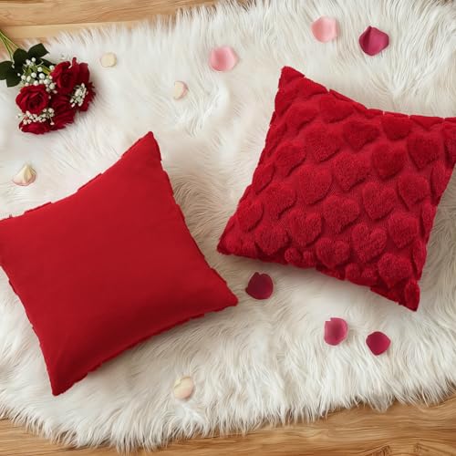 Image of decorUhome Valentine's Day Soft Plush Throw Pillow Covers 18x18 Inch Set of 2, Faux Fur Red Heart Decoration Neutral Square Pillow Covers for Couch Sofa Bed Cozy Farmhouse Holiday Decor