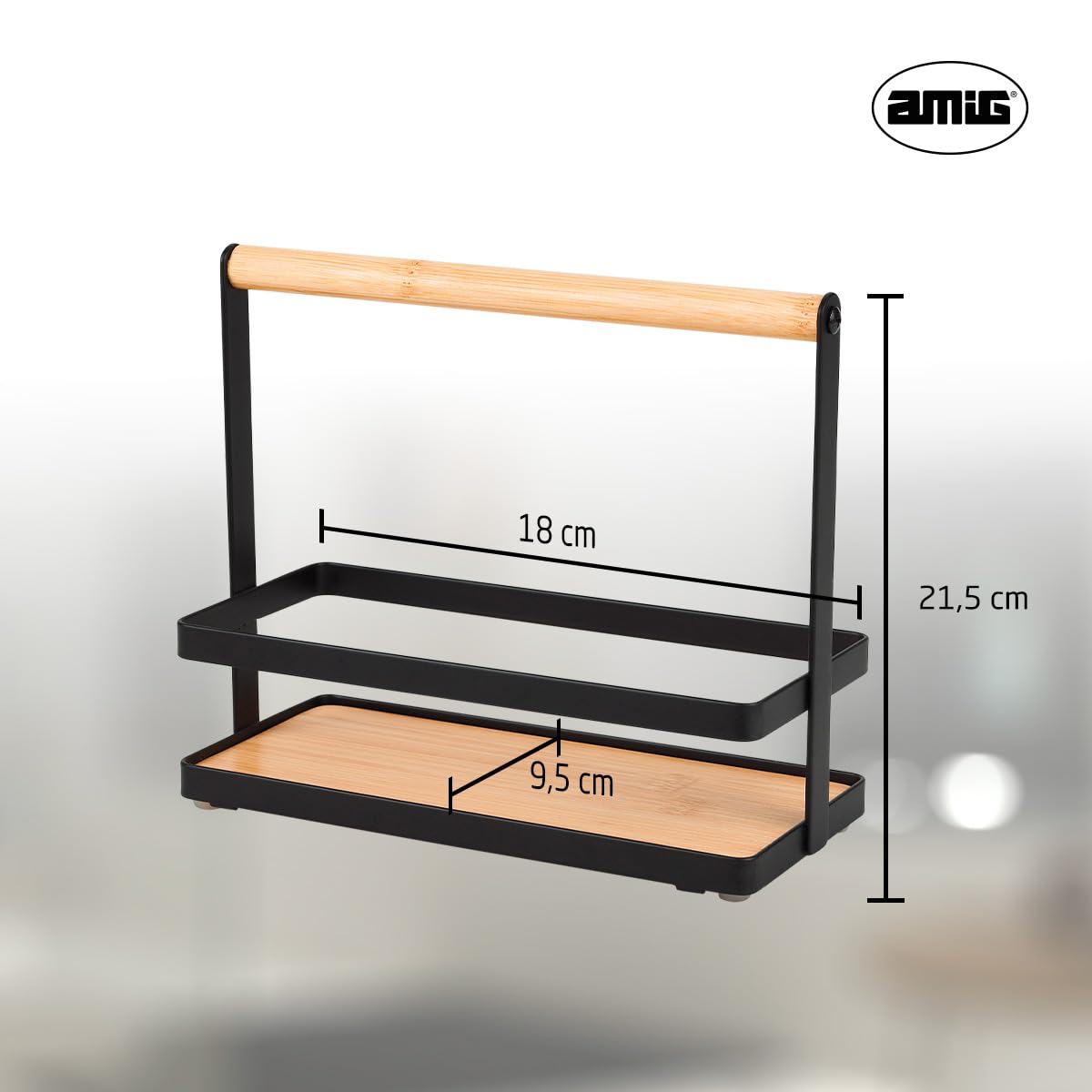 Amig - Gewürzregal - Küchenregal für Arbeitsplatte - Schwarzer Stahl und Bambus - Aufbewahrung von Gewürzdosen - Maße: 21,5 x 9,5 x 18 cm