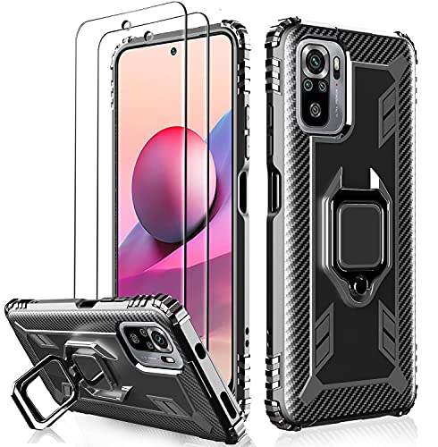  Milomdoi [3 Articulos] 1 Funda +2 Packs Cristal Templado para Xiaomi Redmi Note 10 4G/Note 10S, [Grado Militar Anti-Caída] Soporte Giratorio de 360°Grados con Anillo Dedo TPU Silicona-Negro 