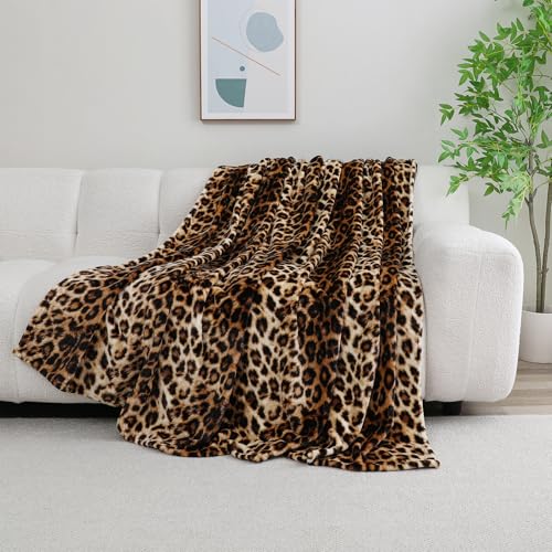 KOKGYM Brown Leopard Print Throw Blanket Soft Warm Plush Flannel Blanket for Couch Bed Travel Trendy Animal Print Room Decor Cozy Fluffy All-Season Blankets for Home Decoration 50 x 60