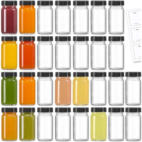30 Pack 2 oz Glass Shot Bottles w/ Black Lids & 30 Labels - Small Clear Jar for Ginger, Wellness Shot, Juice, Sample, Whiskey - Travel Essentials Mini Bottles - Wide Mouth, Leakproof, Dishwasher Safe