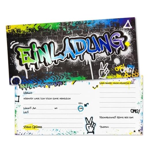younikat 15 Graffiti Einladungskarten mit effektvollem Hochglanz-Lack I 21 x 9,8 cm I Einladung Set Geburtstag zum Ausfüllen I dv1376
