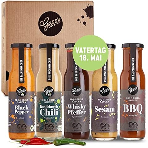 Gepp’s Feinkost Bestseller Saucen Set I Probierset zum Vatertag mit Grill- und BBQ Saucen, hergestellt nach eigener Rezeptur I Vatertagsgeschenk zum Genießen mit Grill- & BBQ Saucen I 5 x 250 ml Cover