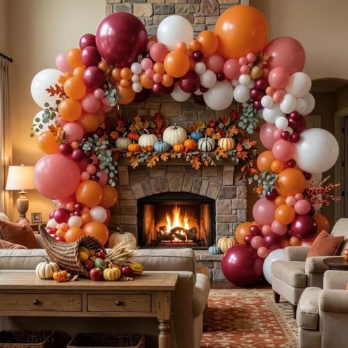 Image of Orange Red Balloon Garland Double Stuffed Burgundy White Balloon Arch Kit | Dusty Pink Orange Balloons for Fall Autumn Birthday Pumpkin Wedding Baby Shower Bridal Shower Backdrop Party Decorations