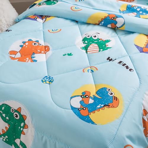Image of Caressma 5 Pieces Comforter Set Bed-in-a-Bag Twin Size, Soft Brushed Microfiber Kids Comforter with Lovely Blue Dinosaurs Pattern, Includes Comforter, Fitted Sheet, Flat Sheet & Pillowcase & Sham
