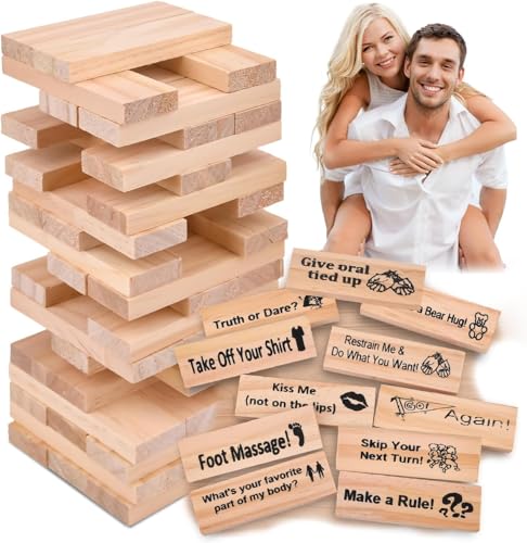 SINJAETRQ Romantic Wooden Stacking Tower Game for Couples - 48 Pcs Intimacy Building Date Night Game Fun Interactive Gift for Valentines Day Anniversaries & Relationship Bonding (48 Blocks)