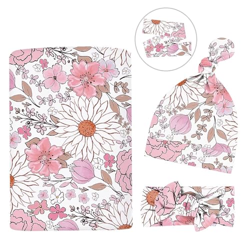 Image of Newborn Swaddle Set with Matching Headband Hat and Bow Set Floral Baby Girl Receiving Blanket Nursery Wildflower Baby Blanket