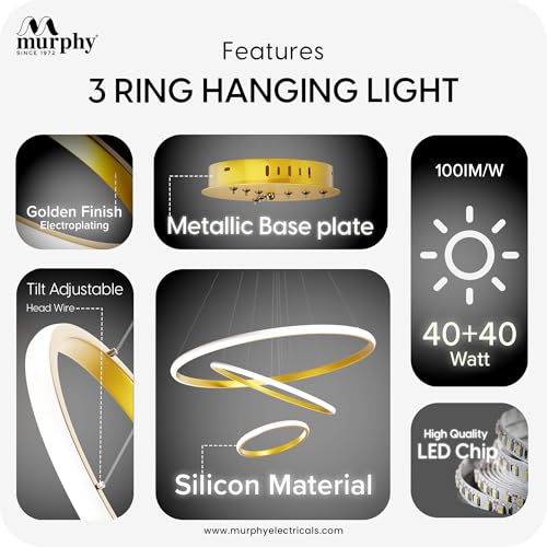 Image of Murphy 3 Ring Modern LED Chandelier Ceiling Lamp | Gold Finish Pendant Light with 3 Color Modes (Cool White, Warm White, Natural White) for Living Room, Hall, Dining, Lobby - Pack of 1