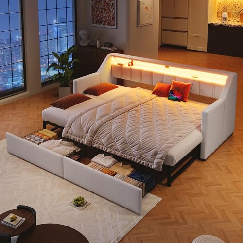 boorbin Cama de día, sofá cama, 90 x 200 cm, con USB y tipo C, barra LED con mando a distancia, con 2 cajones, bolsillos de almacenamiento, cama nido multifuncional, sin colchón (beige)